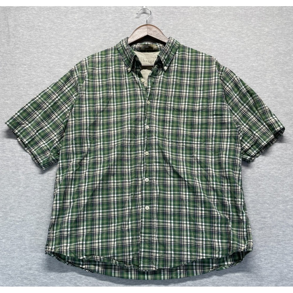 Haggar Generations Shirt Mens Large Green Multi Tartan Plaid Cotton Button Down